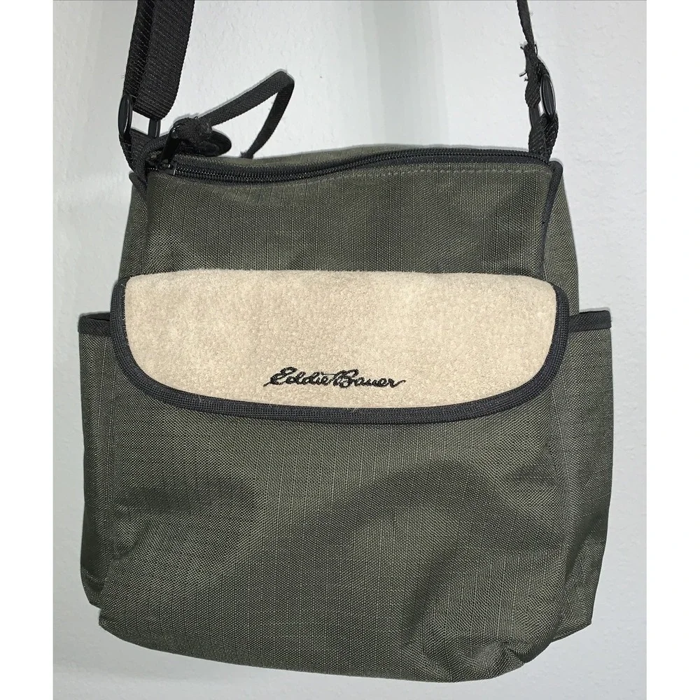 Vintage Eddie Bauer Canvas Messenger Bag Crossbody Travel Satchel Blue and Beige